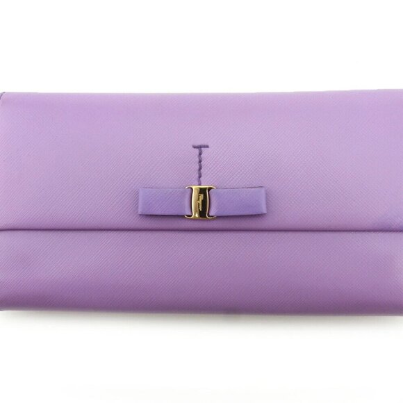 Salvatore Ferragamo Long Wallet Vala Ribbon Leather Authentic USED - Picture 1 of 9